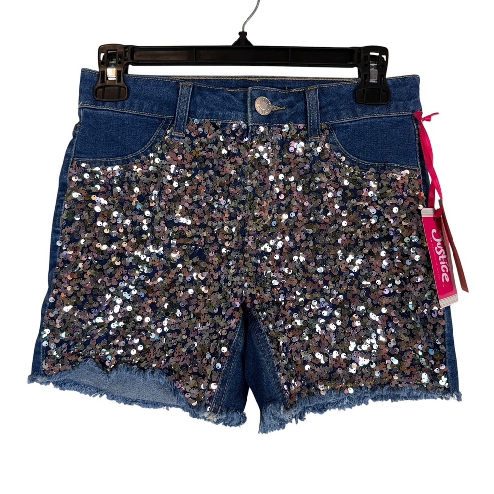 Justice Shorts Girls 14 Blue‎ High Rise Midi Sequin Denim Cutoff Frayed Hem